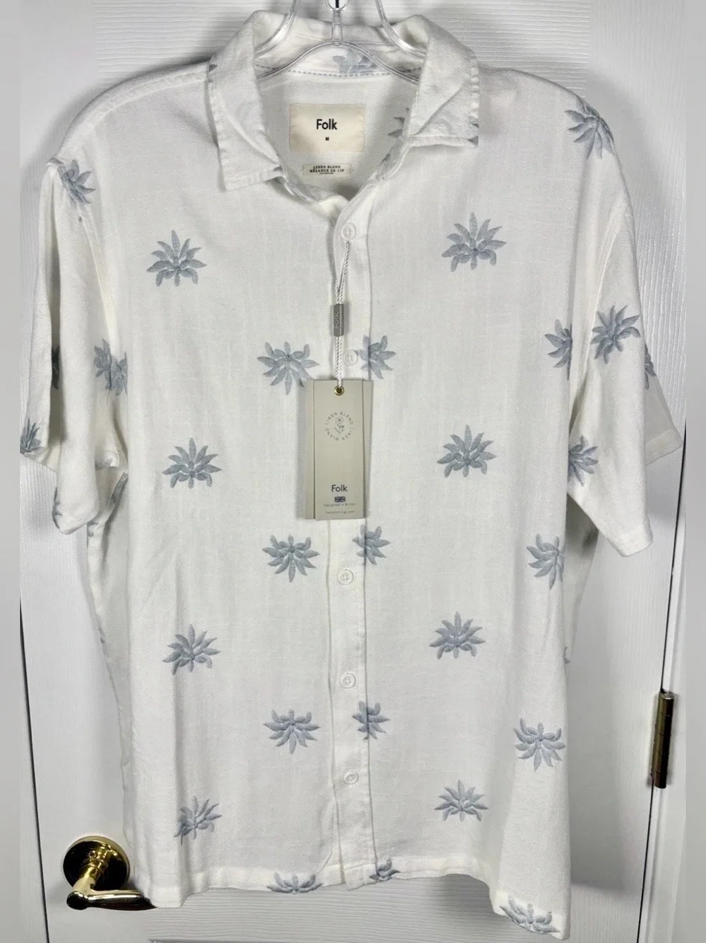 NWT Folk Conway Short Sleeve White Blue Leaf Palm Linen Shirt Medium - Picture 1 of 6